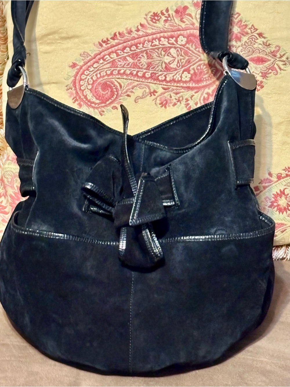 Kooba Black Suede Shoulder Bag with Decorative Bow Knot